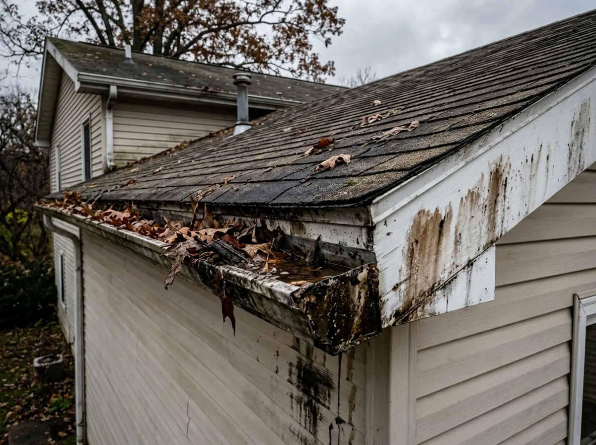 Damaged sagging clogged gutters overflowing with autumn leaves